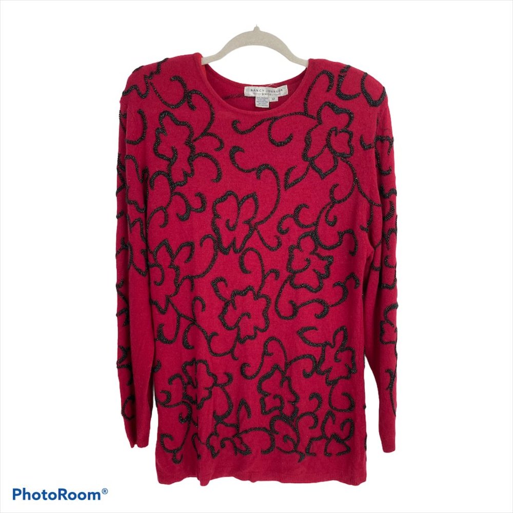 Nancy Johnson Red Black Beaded Sweater 12